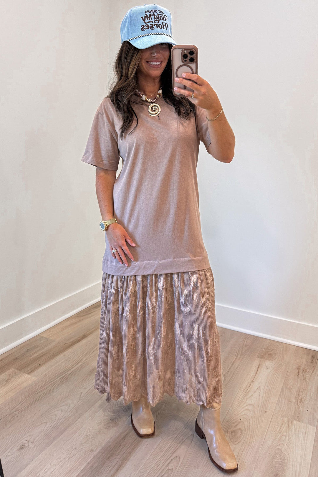 solid light brown lace trimmed bottom short sleeve relaxed fit t-shirt midi dress