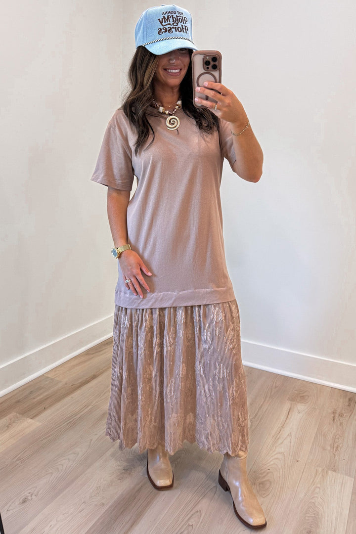 solid light brown lace trimmed bottom short sleeve relaxed fit t-shirt midi dress