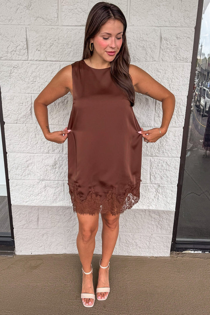 solid chocolate brown sleeveless satin relaxed fit shift dress with lace fringe hemline