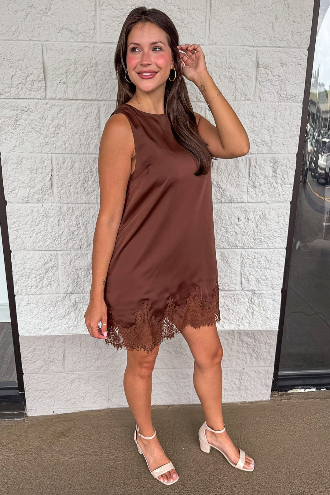 solid chocolate brown sleeveless crew neckline satin shift dress with lace fringe hemline