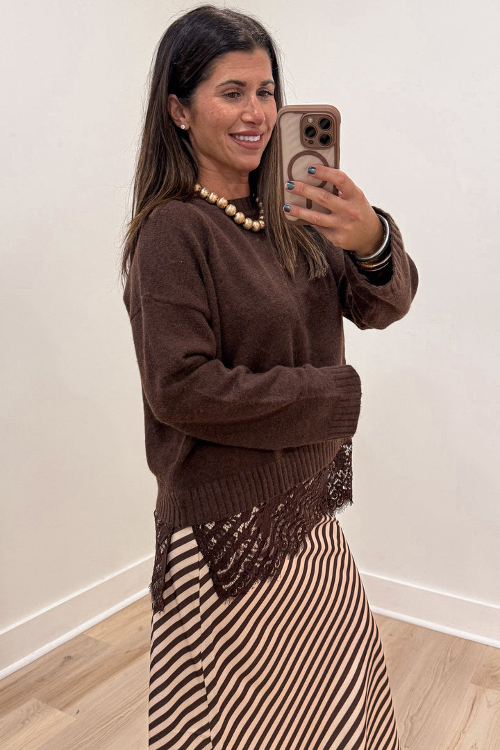 solid chocolate brown drop shoulder long sleeve knit sweater top with tiered lace bottom hem