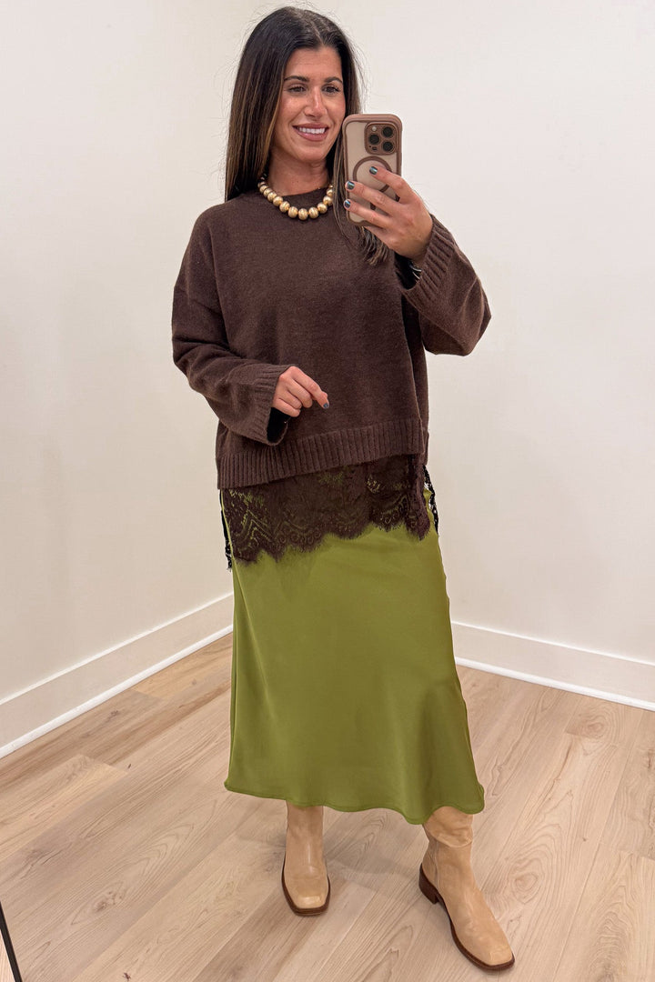 solid chocolate brown long sleeve knit sweater top with tiered lace bottom hem front view