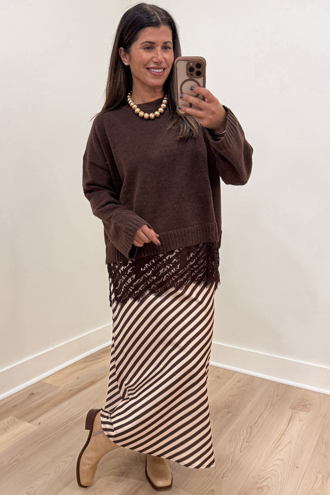 solid chocolate brown long sleeve knit sweater top with tiered lace bottom hem and ribbed trim