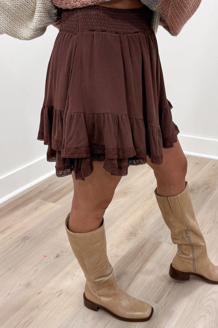 solid brown lace trimmed elastic waist shorts lined tiered relaxed fit mini skort