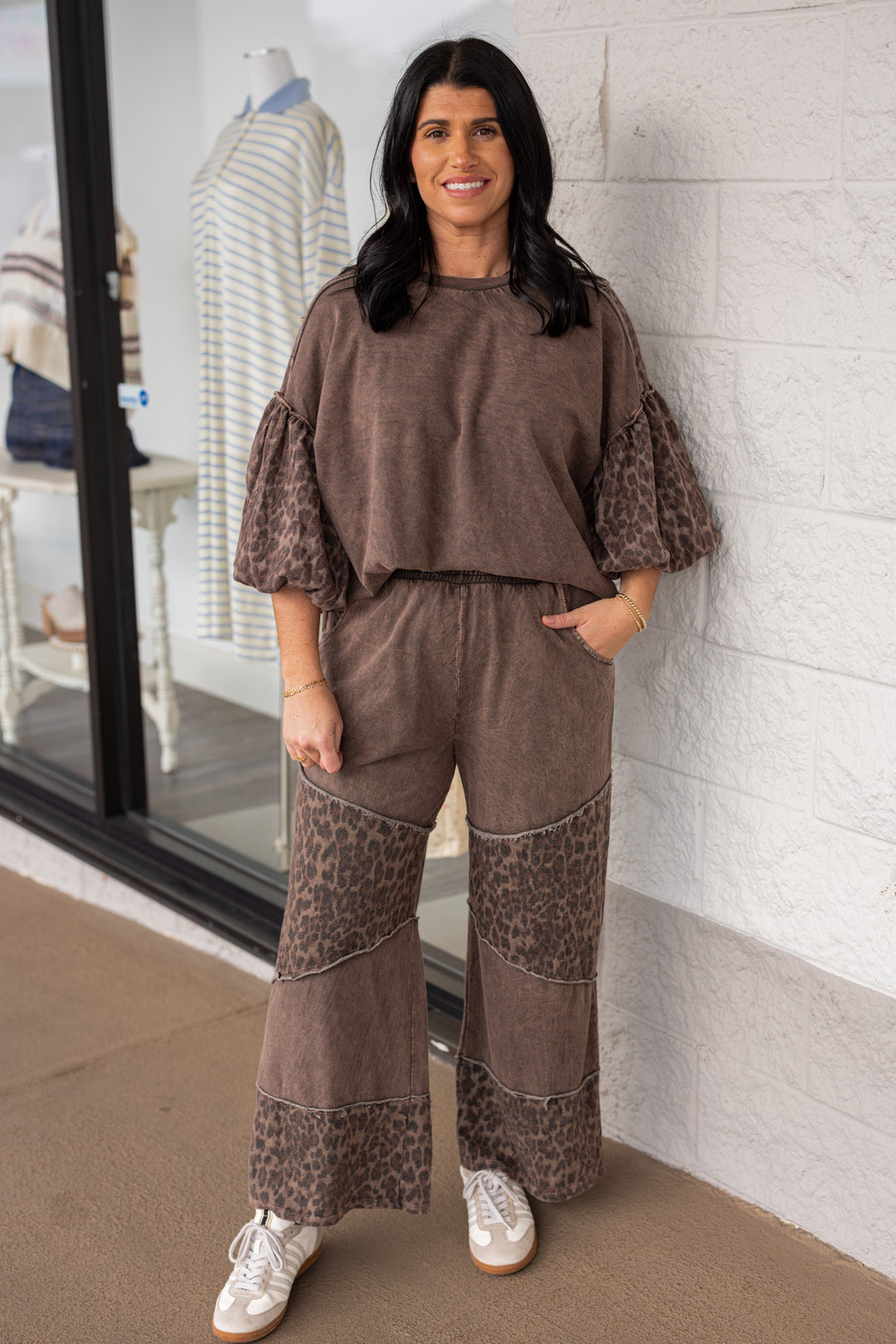 Women's mineral washed oak brown knit top with animal print colorblock details by J Her showing full front view