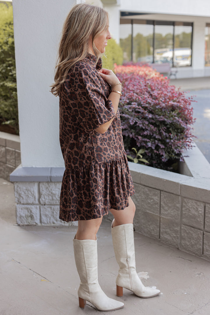 Women's brown and black leopard print Ana pocket dress by Karlie showing full side view