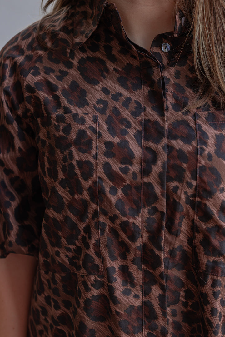 Women's brown and black leopard print Ana pocket dress by Karlie showing up close look at leopard print detail