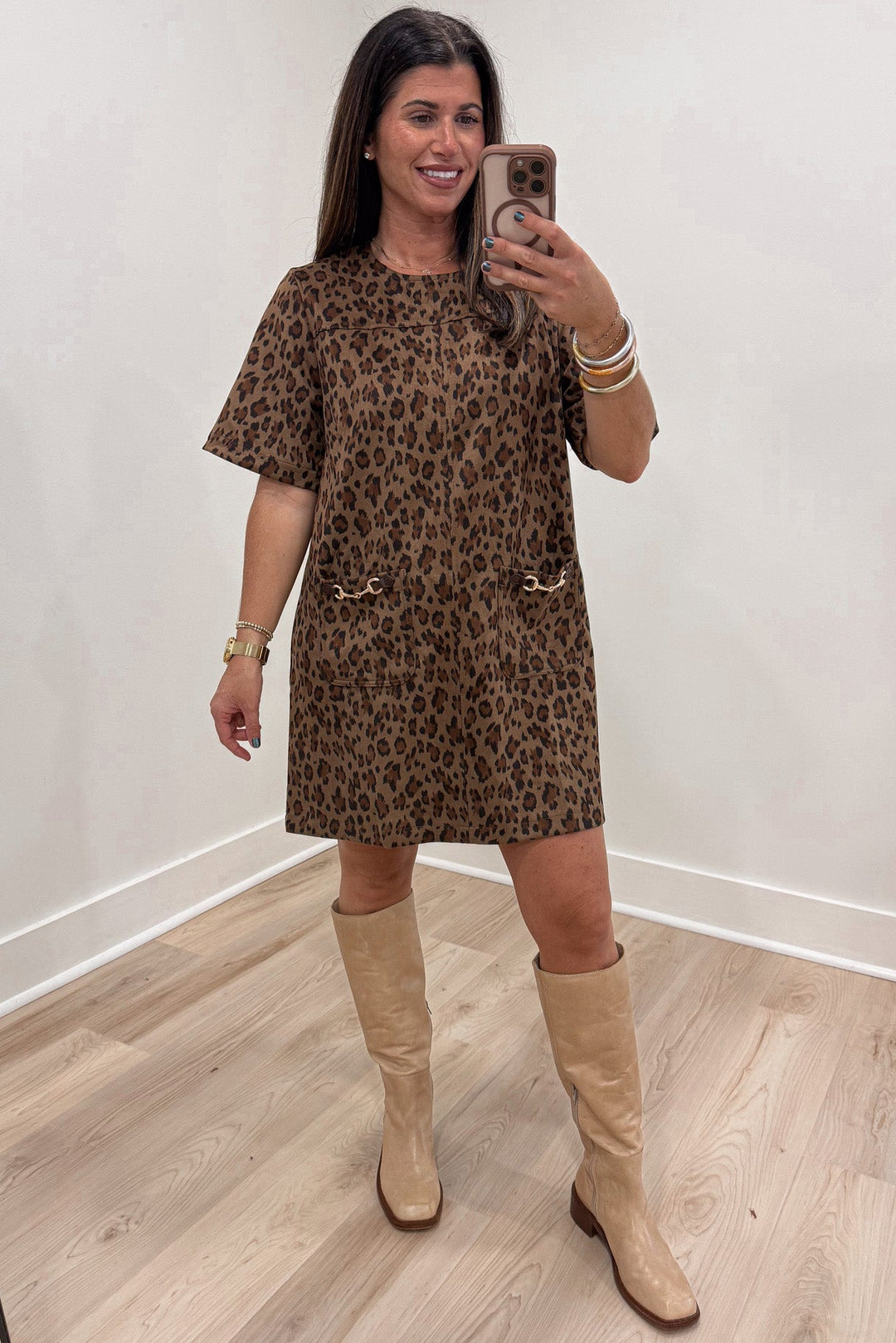 brown leopard print with gold accent details short sleeve round neckline mini dress