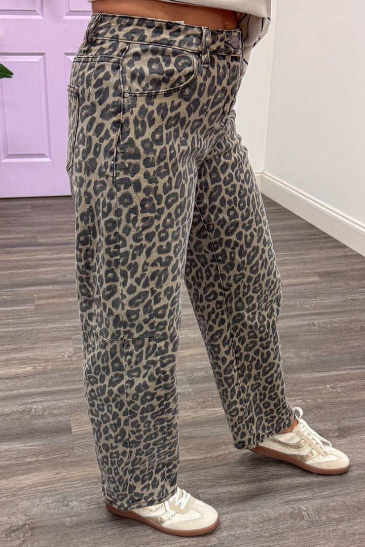 coffee brown leopard print slouchy cropped length barrel leg jeans with belt loops