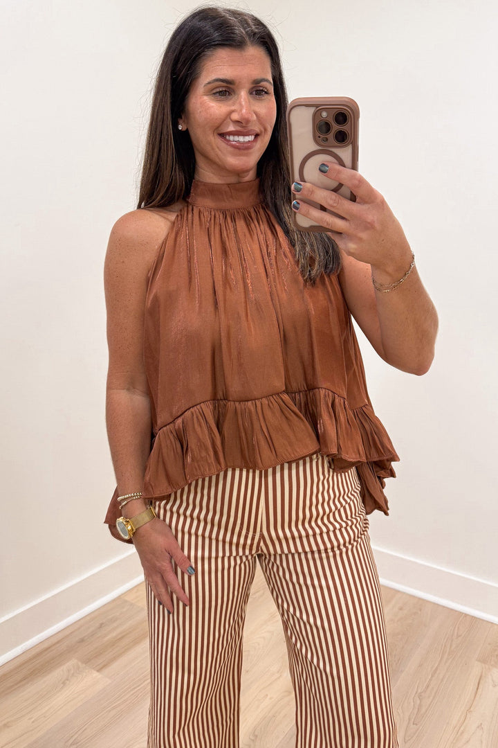 solid brown with metallic shimmer details sharkbite hem sleeveless satin halter top