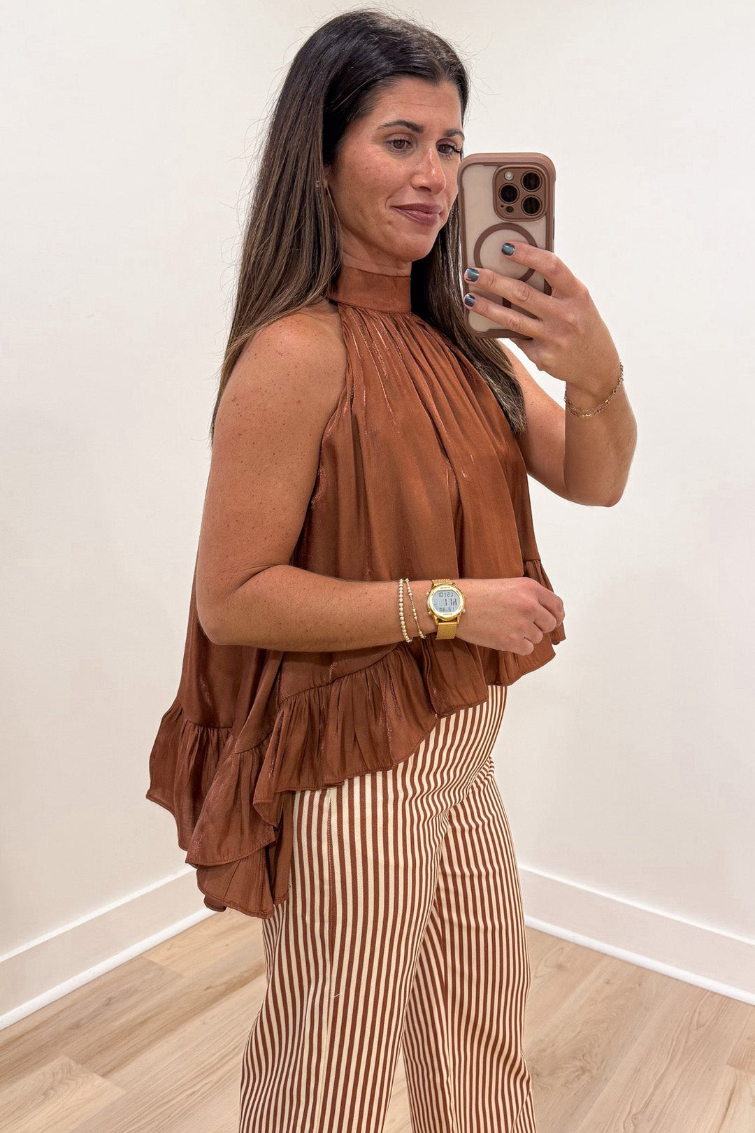 solid brown with colorful metallic shimmer details sharkbite hem sleeveless satin halter top