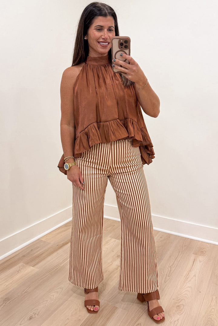 solid brown with metallic shimmer details mock neck sharkbite hem sleeveless satin halter top