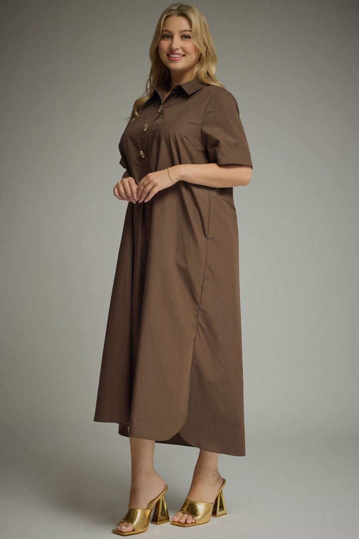 Entro plus size brown midi dress with gold decorative snap bodice, collar, and short sleeves