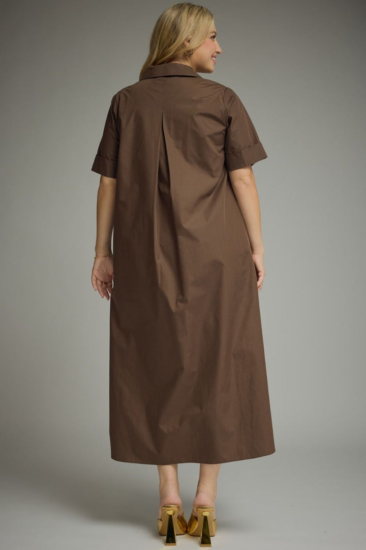Entro plus size brown midi dress with gold decorative snap bodice and a tiered detail in back