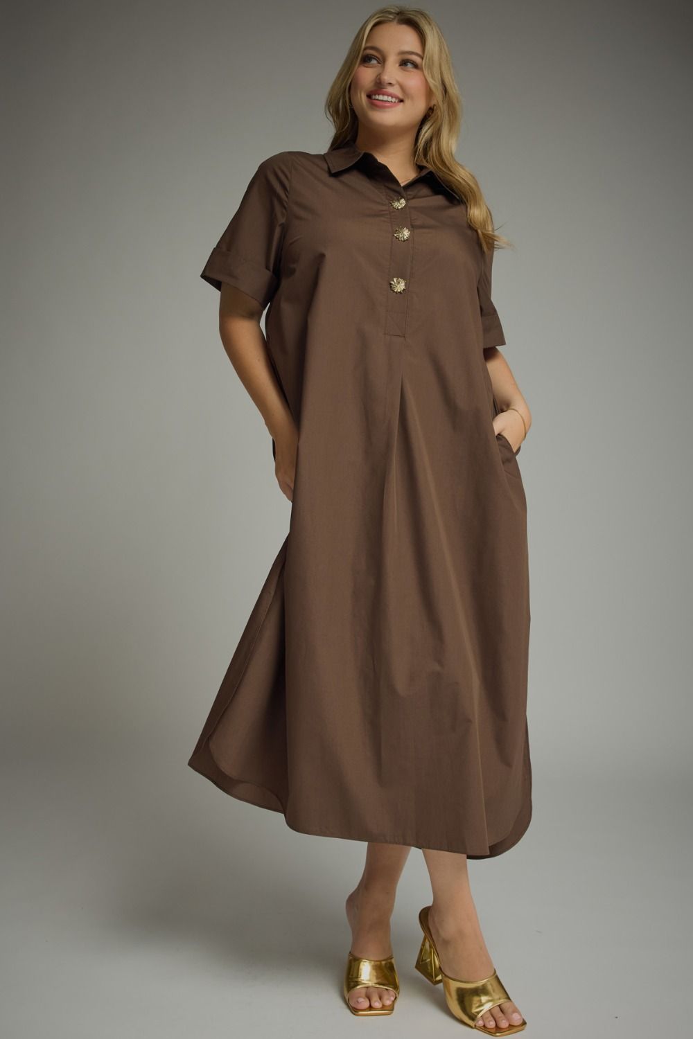 Entro plus size brown midi dress with gold decorative snap bodice and collar