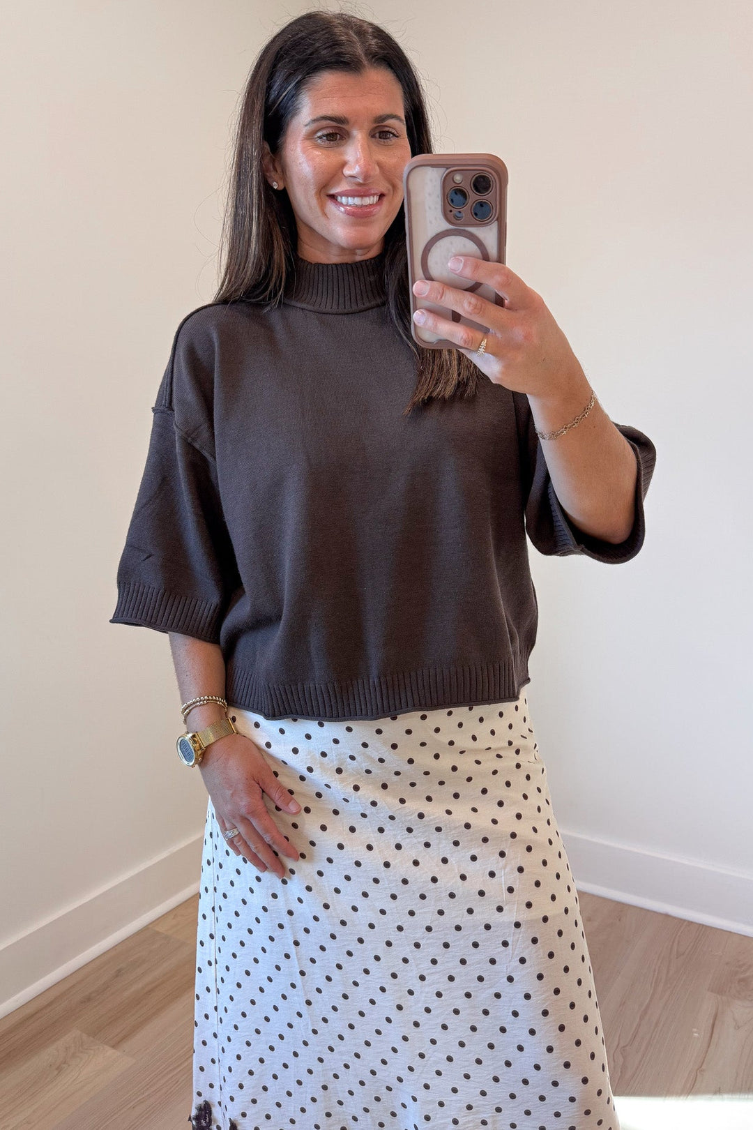 solid chocolate brown half sleeve mock neckline semi-cropped knit sweater top