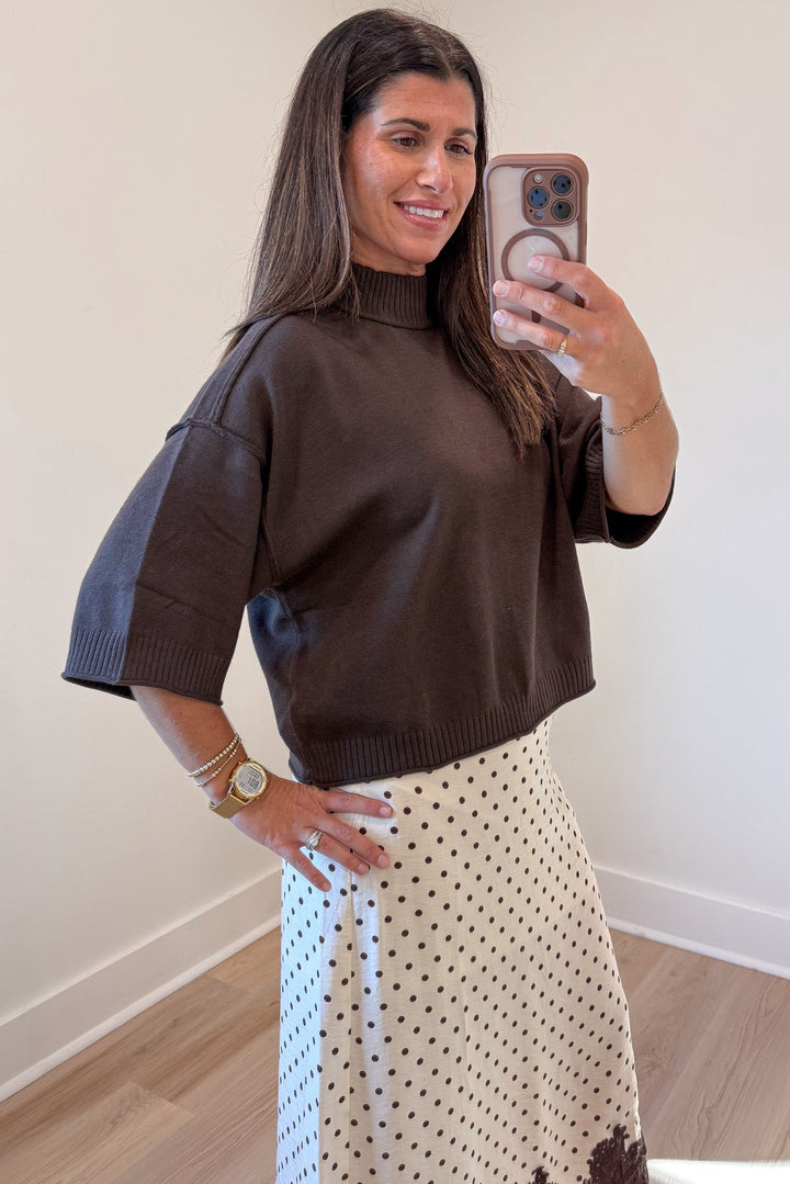 solid chocolate brown drop shoulder half sleeve mock neckline semi-cropped knit sweater top