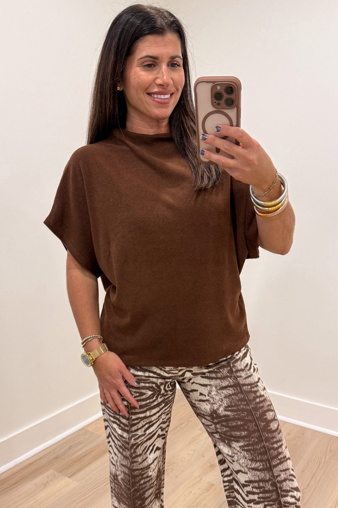 solid brown mock neckline dolman sleeve lightweight knit sweater top