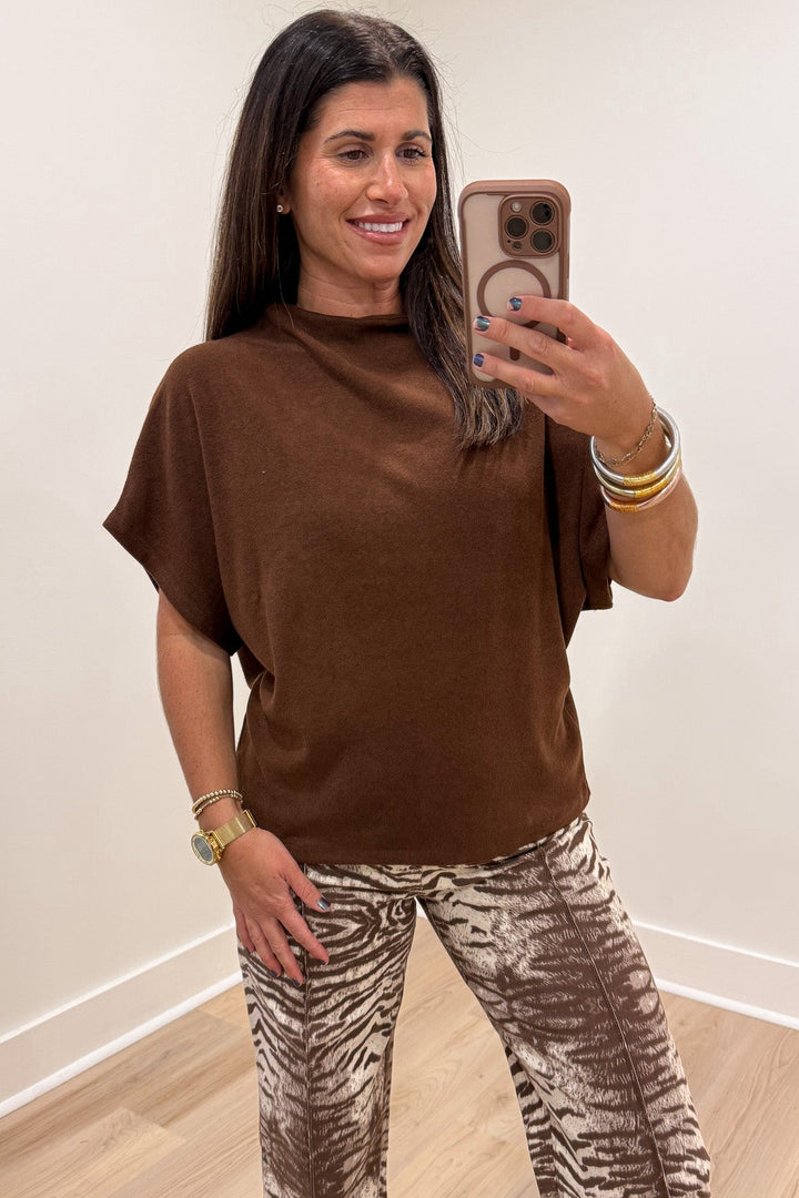 solid brown mock neckline dolman sleeve lightweight knit sweater top