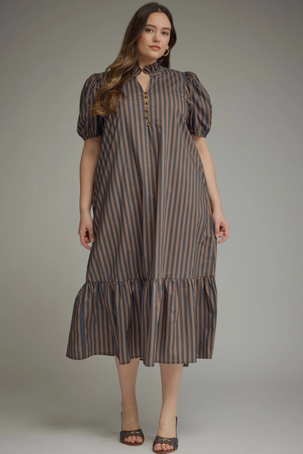 Entro brown and navy striped plus size midi dress
