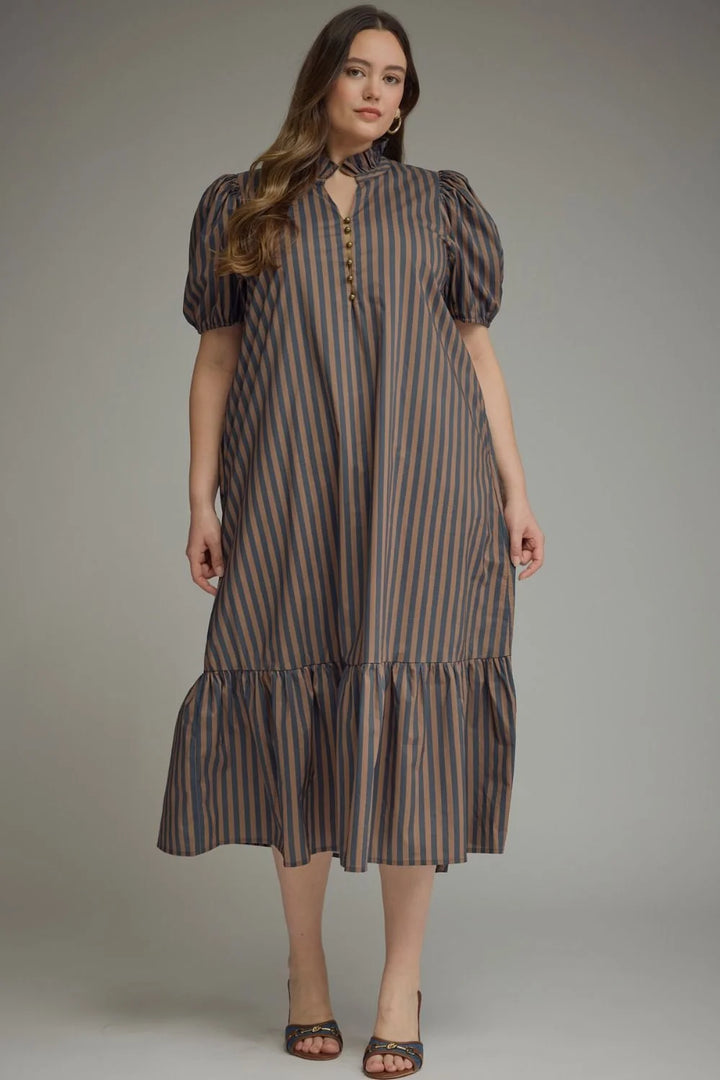 Entro brown and navy striped plus size midi dress