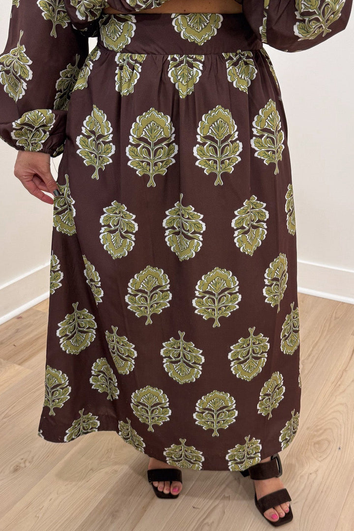 brown with olive green large floral print cropped top and flowy midi skirt matching set
