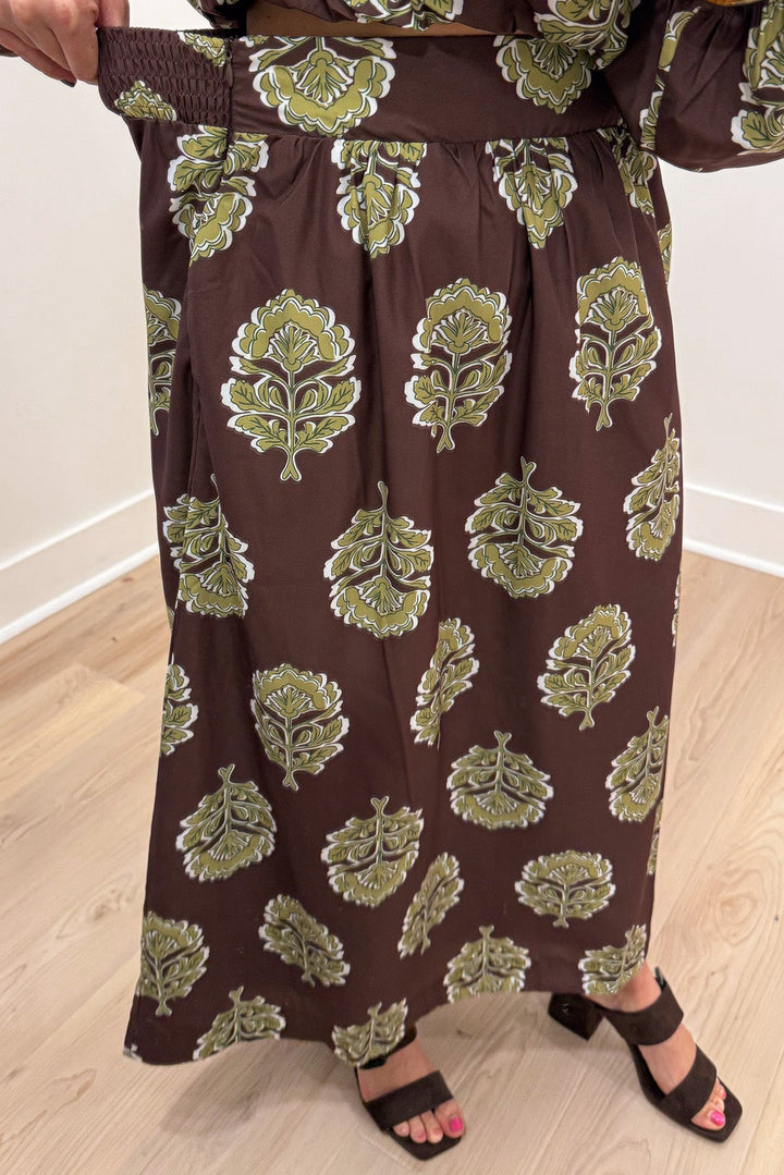 brown with olive green large floral print cropped top and elastic waist midi skirt matching set