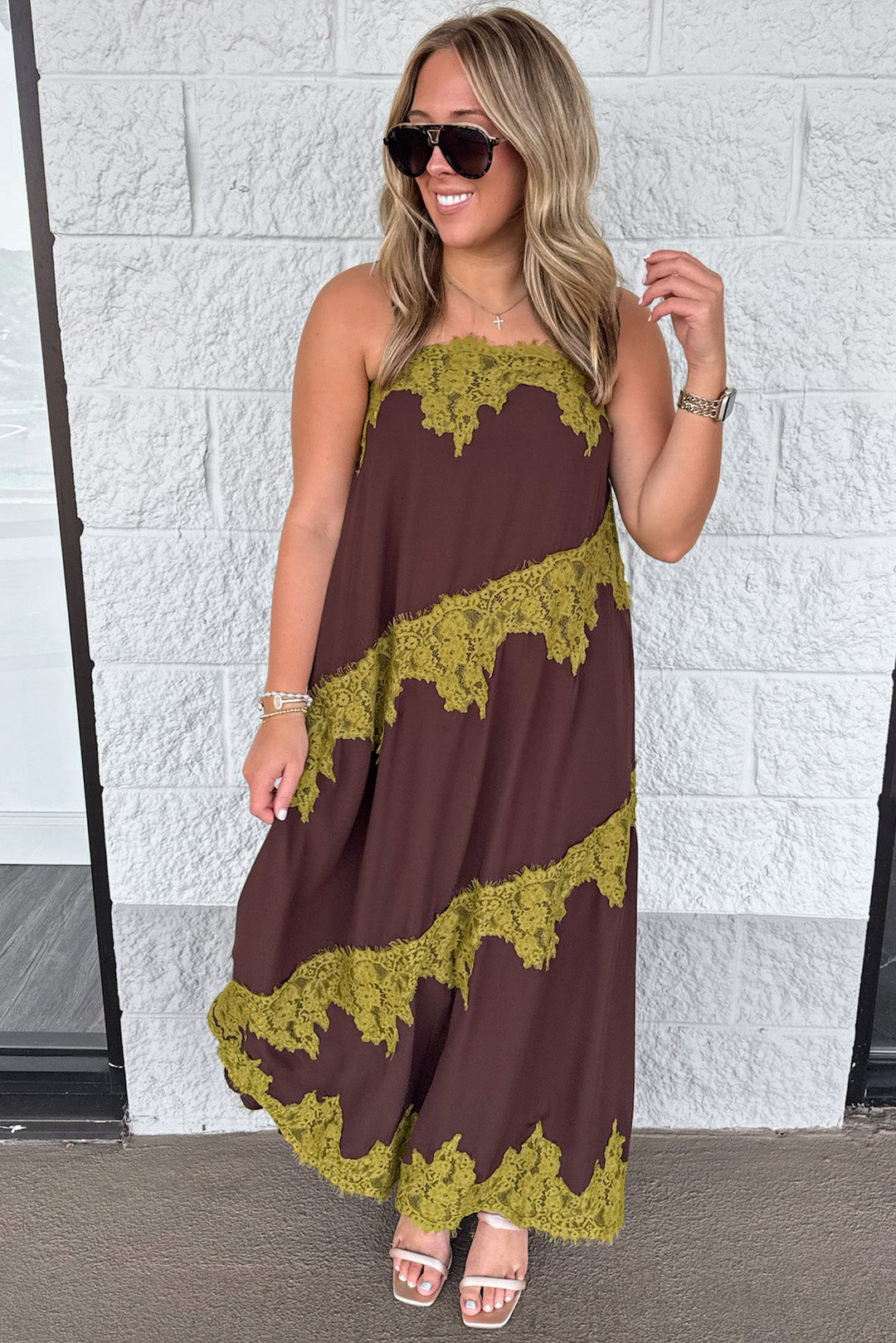 chocolate brown with olive green asymmetrical lace details spaghetti strap maxi dress