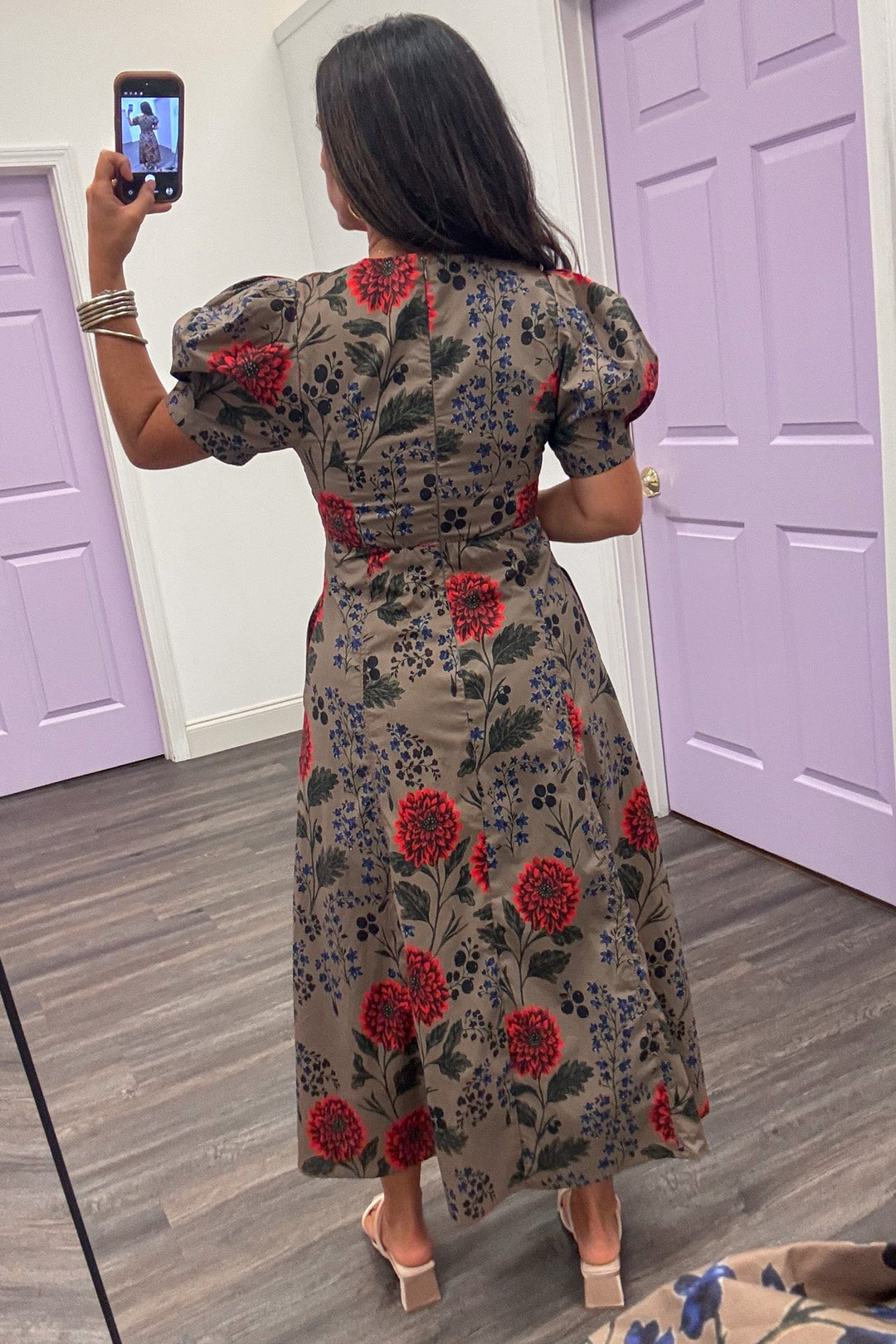 brown with olive orange and navy floral print short puff sleeve empire waist midi dress