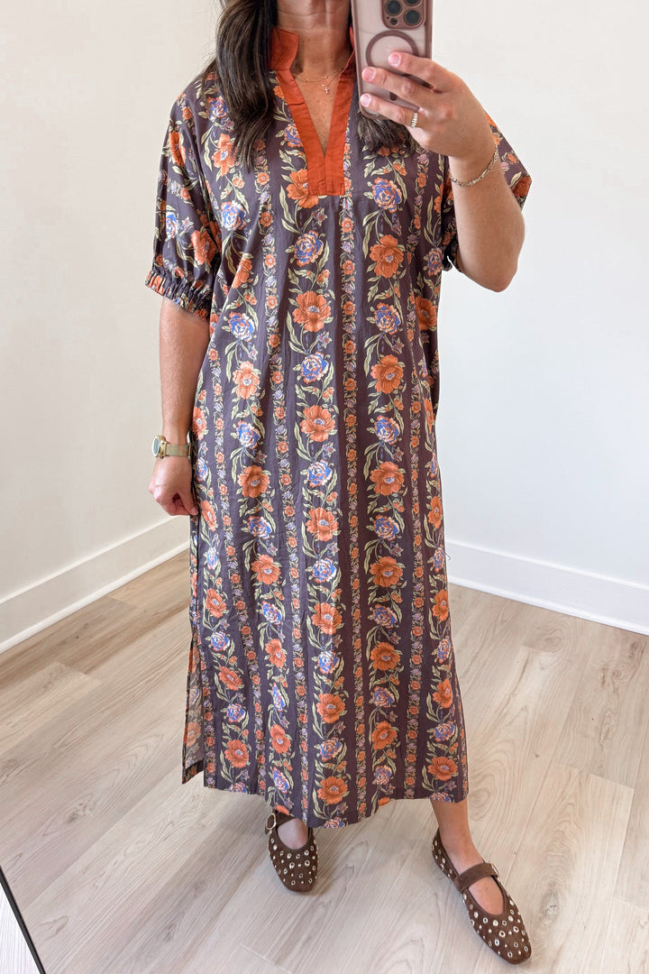 brown and burnt orange floral lattice print short sleeve v neckline cotton poplin midi dress