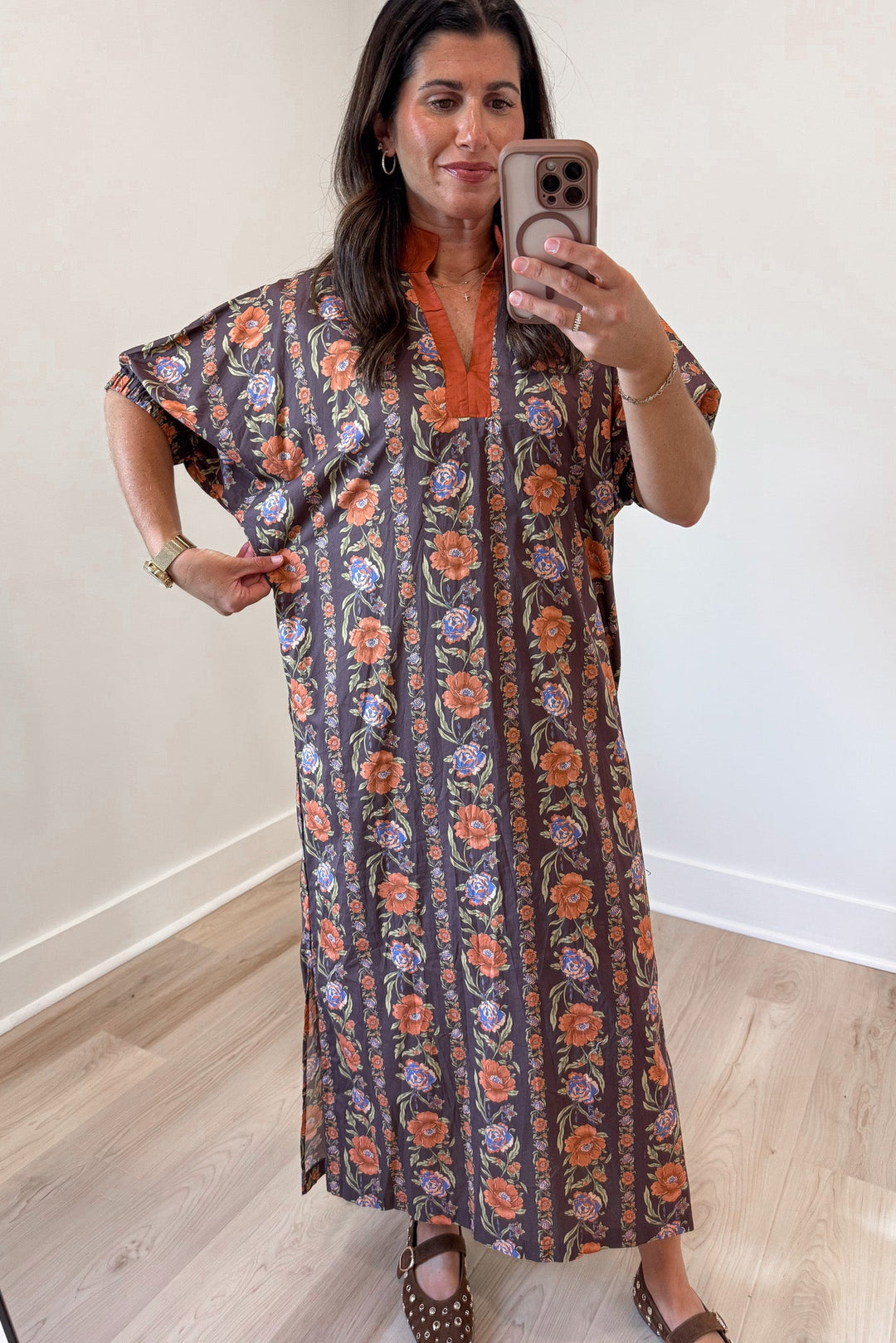 brown and burnt orange floral lattice print short sleeve v neckline relaxed silhouette midi dress