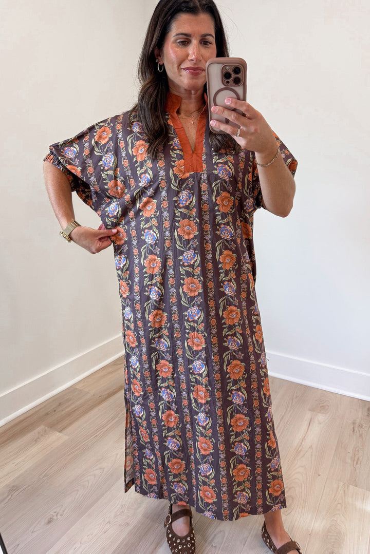 brown and burnt orange floral lattice print short sleeve v neckline relaxed silhouette midi dress