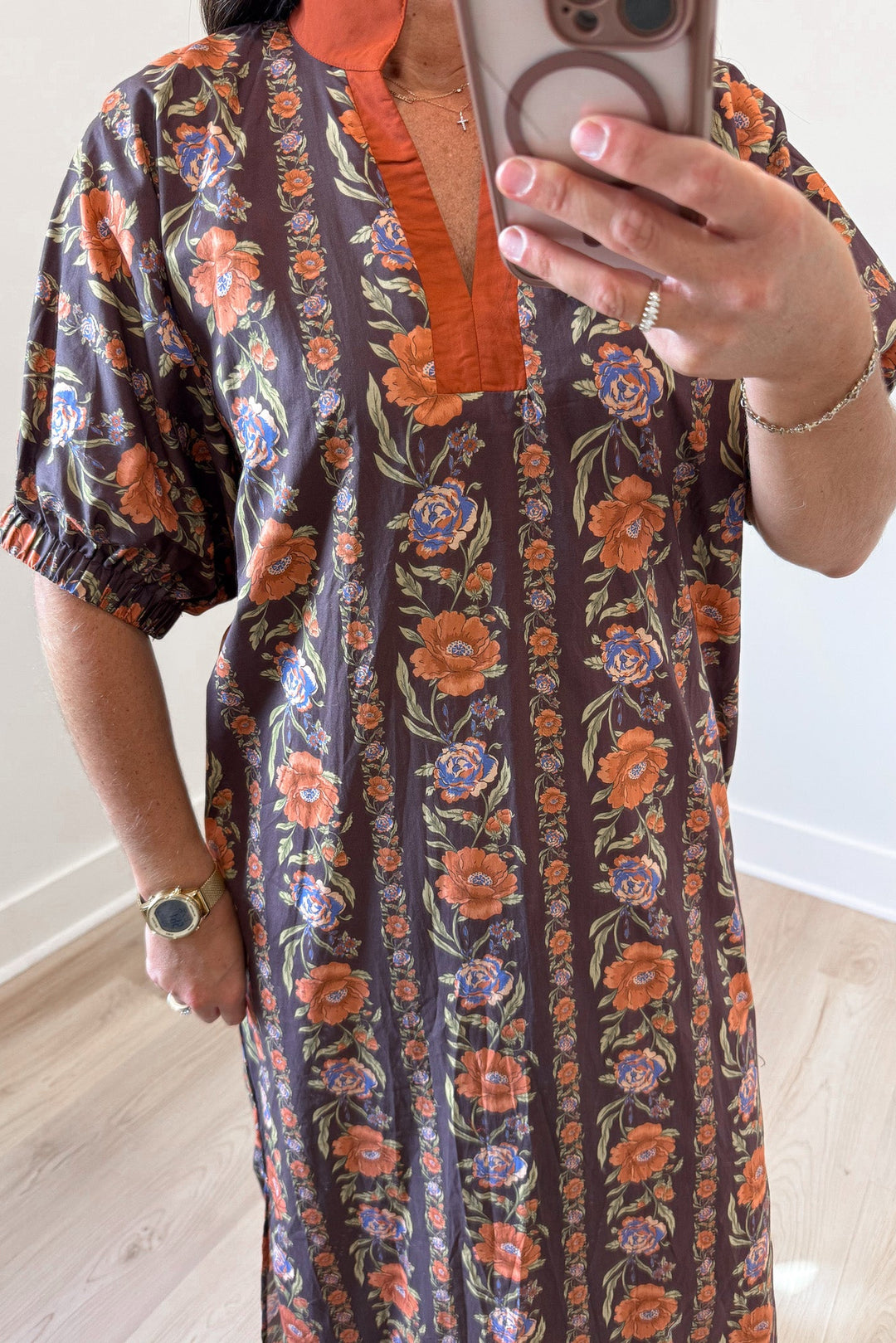 brown and burnt orange floral lattice print short dolman sleeve v neckline midi dress