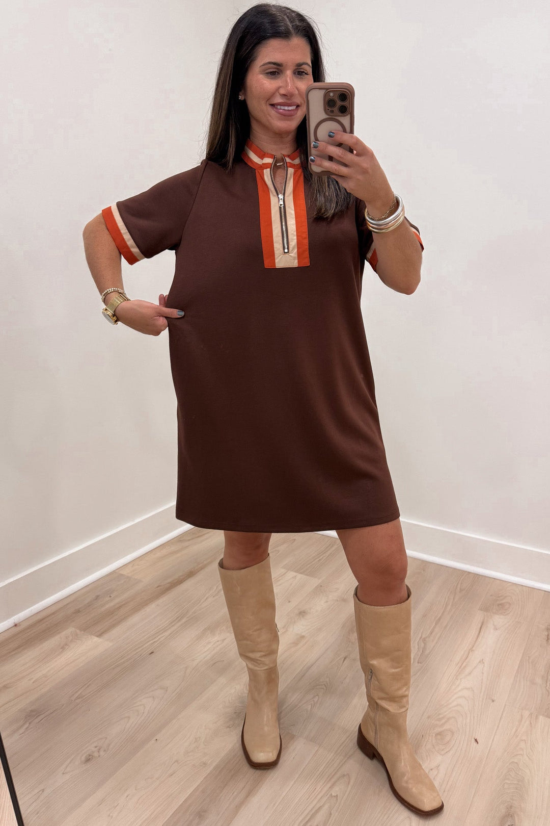 brown with orange and taupe striped trim details mock neck zip front bodice relaxed silhouette short dress