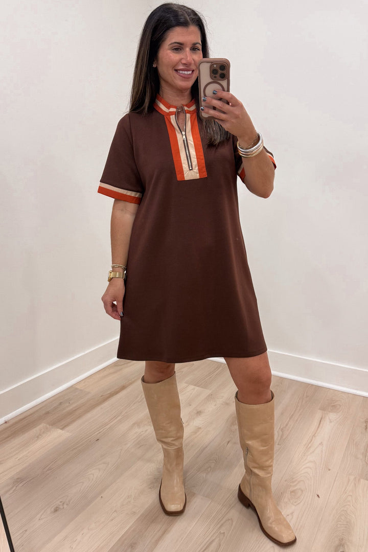 brown with orange and taupe striped trim details mock neck zip front bodice short dress