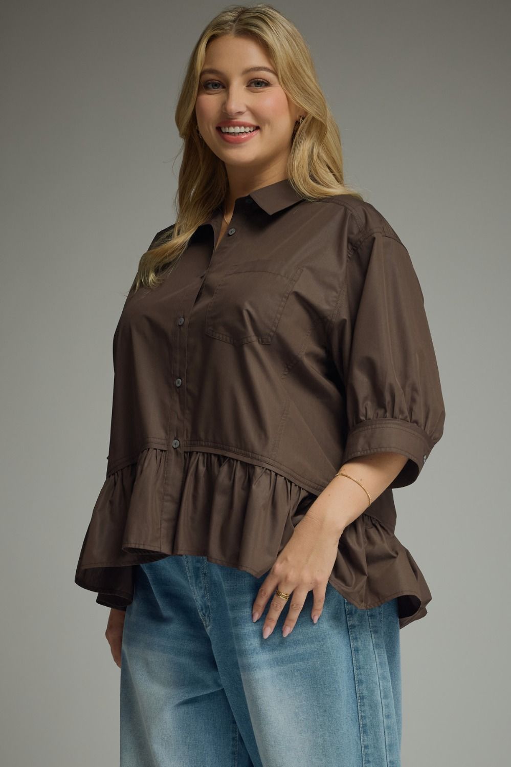 Women's semi-cropped button down brown peplum top with ruffled hem in plus size by Entro