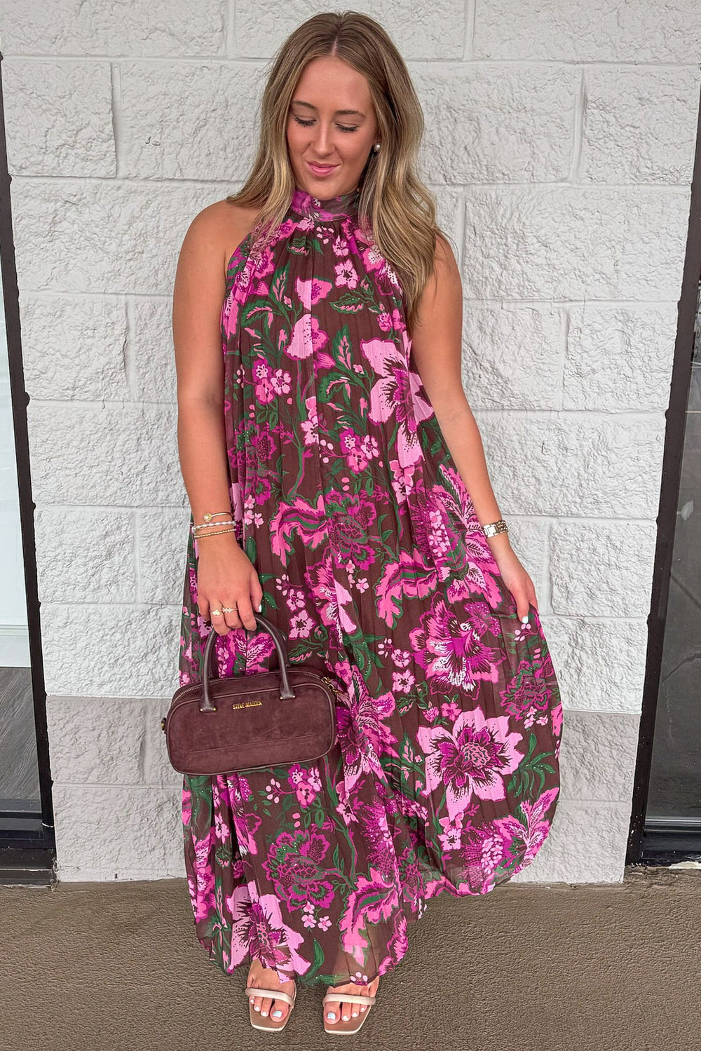 brown with pink and green floral print pleated chiffon sleeveless halter maxi dress