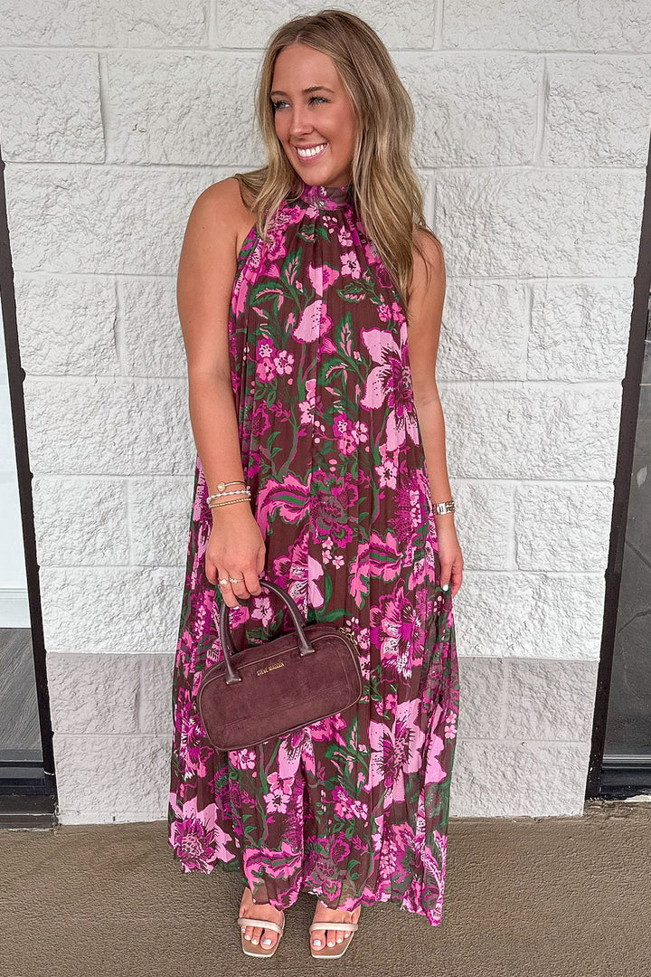 brown with pink and green large floral print pleated chiffon halter maxi dress