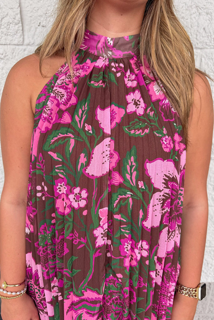 brown with pink and green floral print pleated chiffon mock neck halter maxi dress