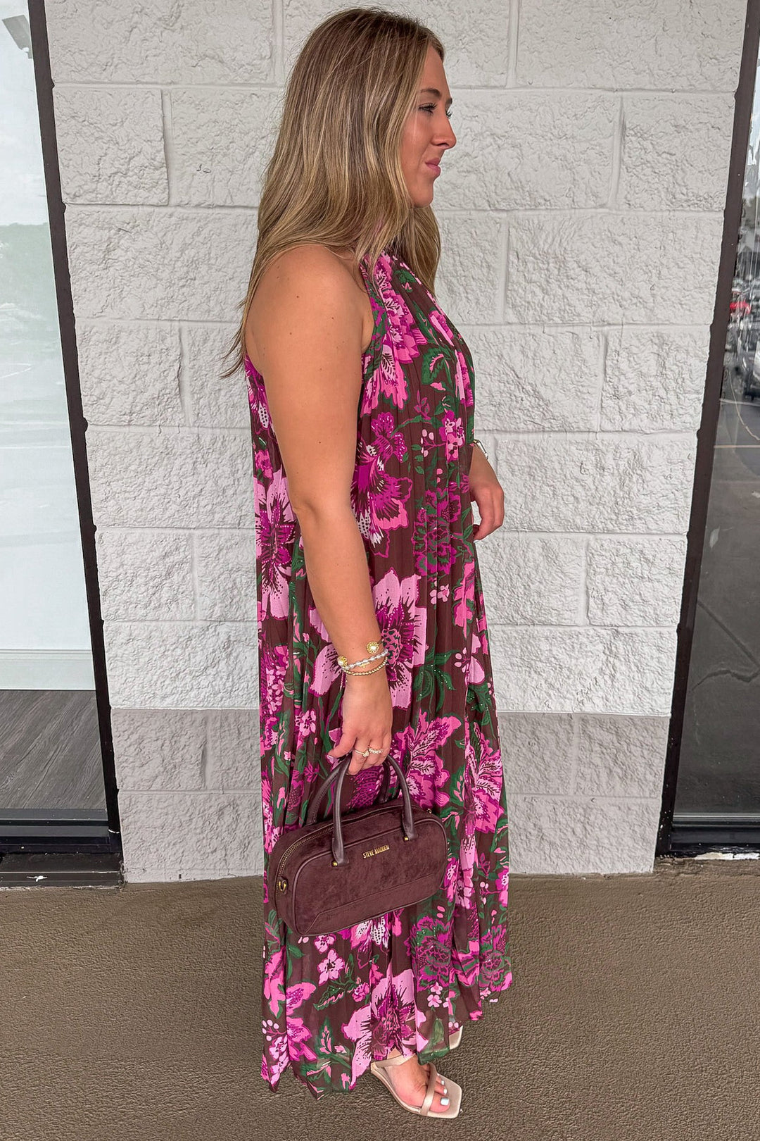 brown with pink and green floral print pleated lightweight chiffon halter maxi dress