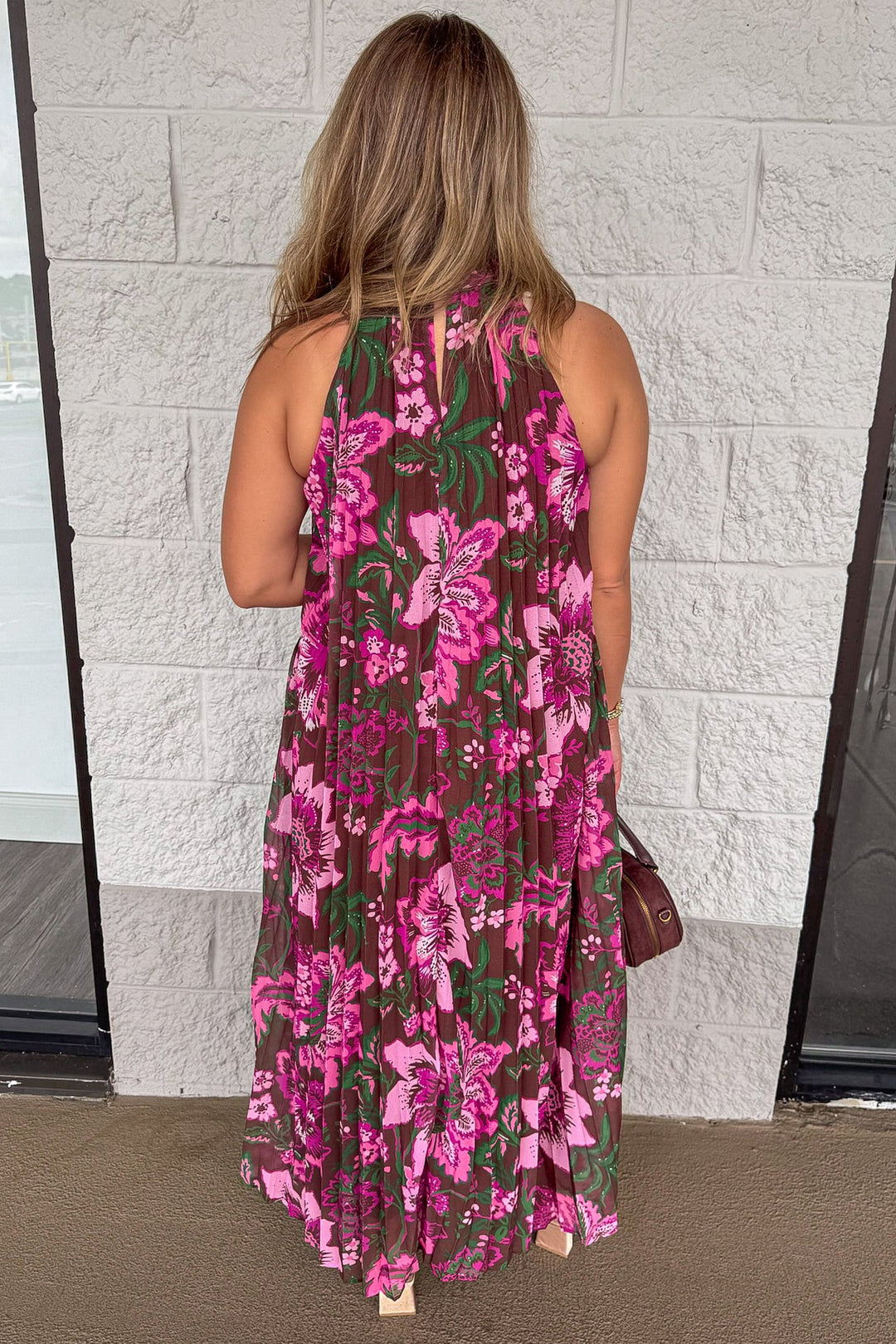 brown with pink and green floral print pleated chiffon halter maxi dress with back keyhole button closure