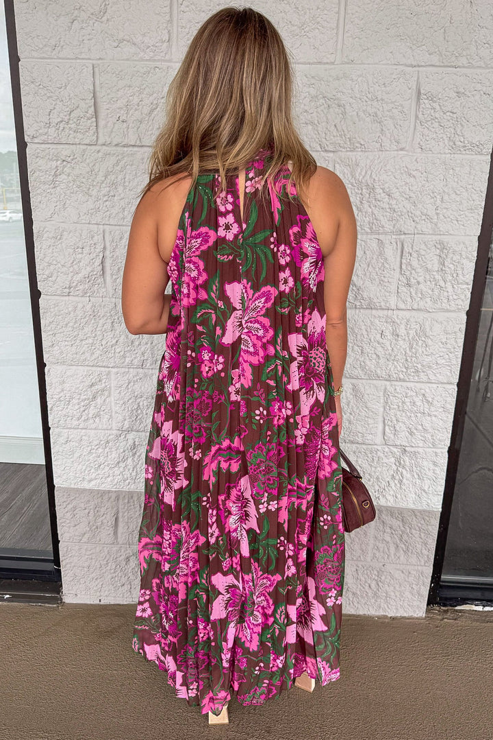 brown with pink and green floral print pleated chiffon halter maxi dress with back keyhole button closure