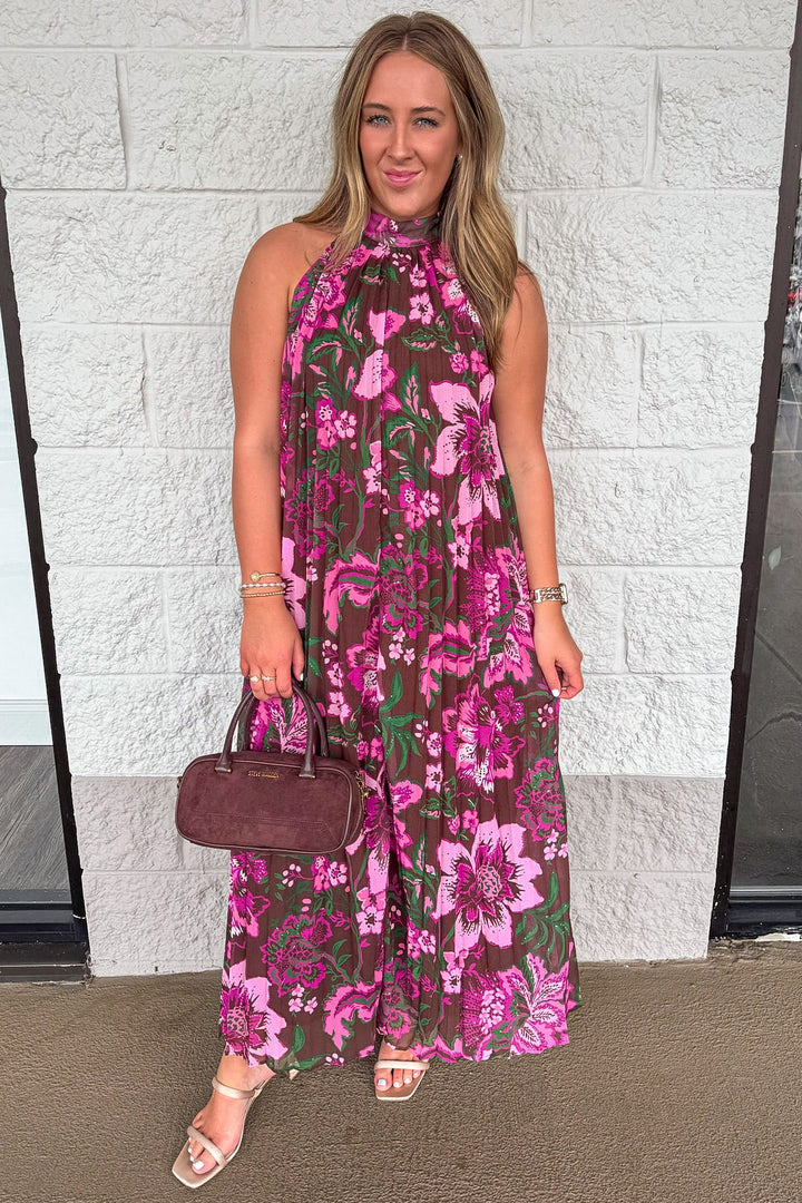 brown with pink and green floral print pleated chiffon halter maxi dress