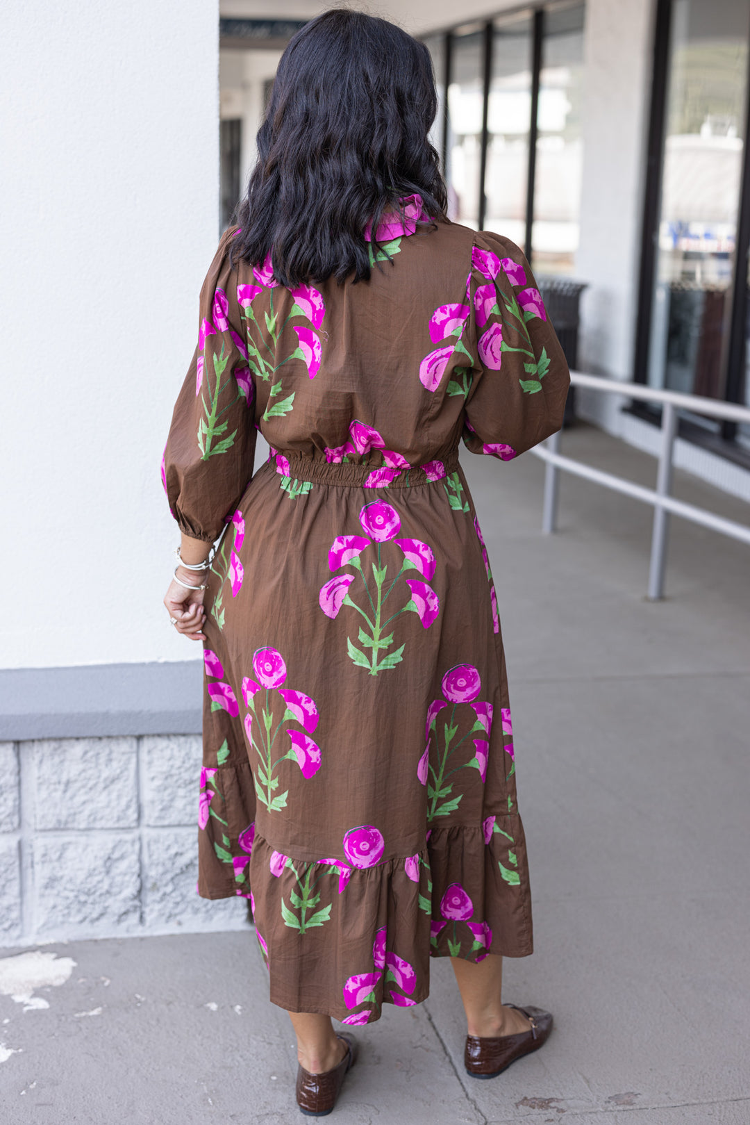 Umgee Brown And Pink Floral Midi Dress With Ruffle Trim Purple Door Boutique Umgee Brown And Pink Floral Midi Dress With Ruffle Trim Purple Door Boutique