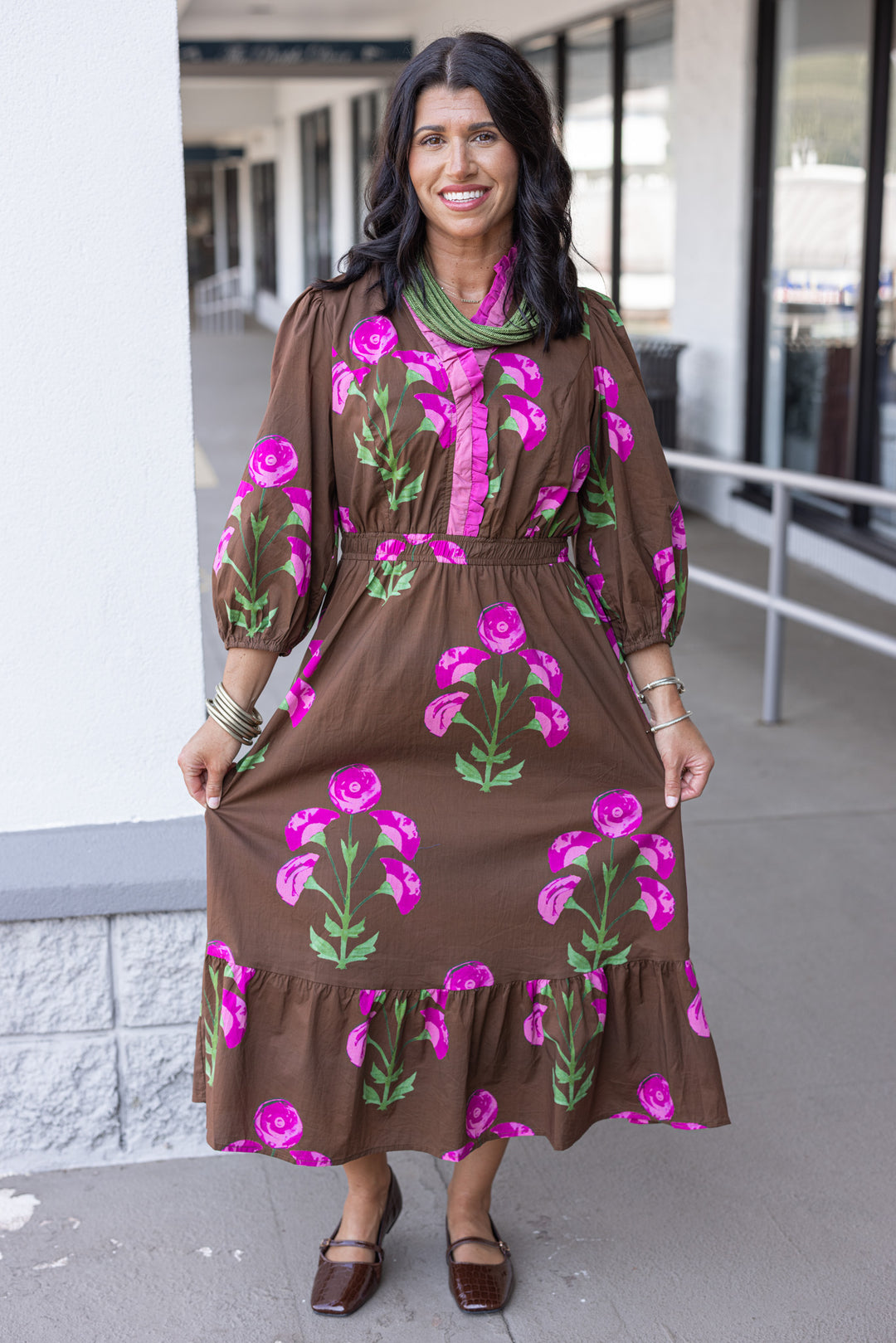 Umgee Brown And Pink Floral Midi Dress With Ruffle Trim Purple Door Boutique Umgee Brown And Pink Floral Midi Dress With Ruffle Trim Purple Door Boutique