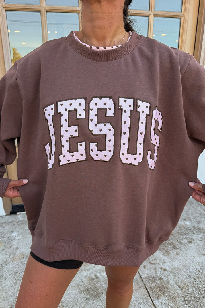 chocolate brown and light pink polka dot hearts embroidered jesus sweatshirt