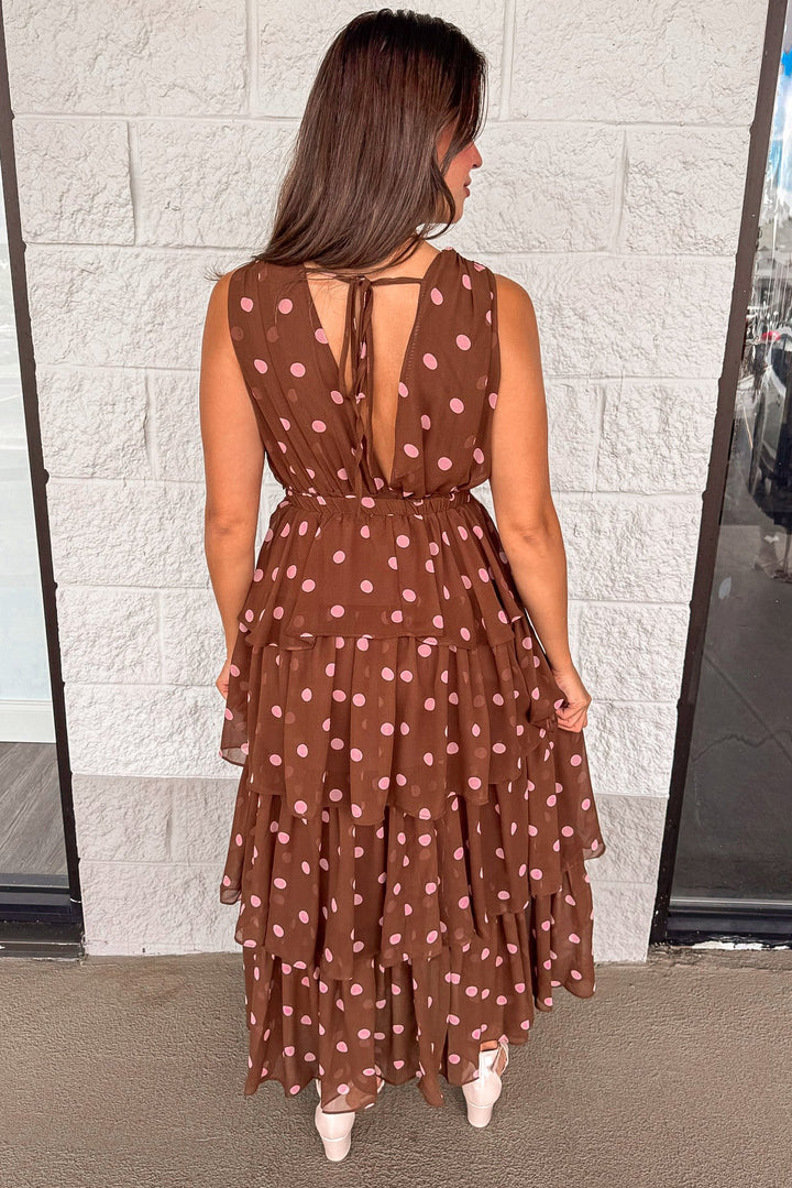 brown with pink polka dot print sleeveless layered chiffon maxi dress with partially open back