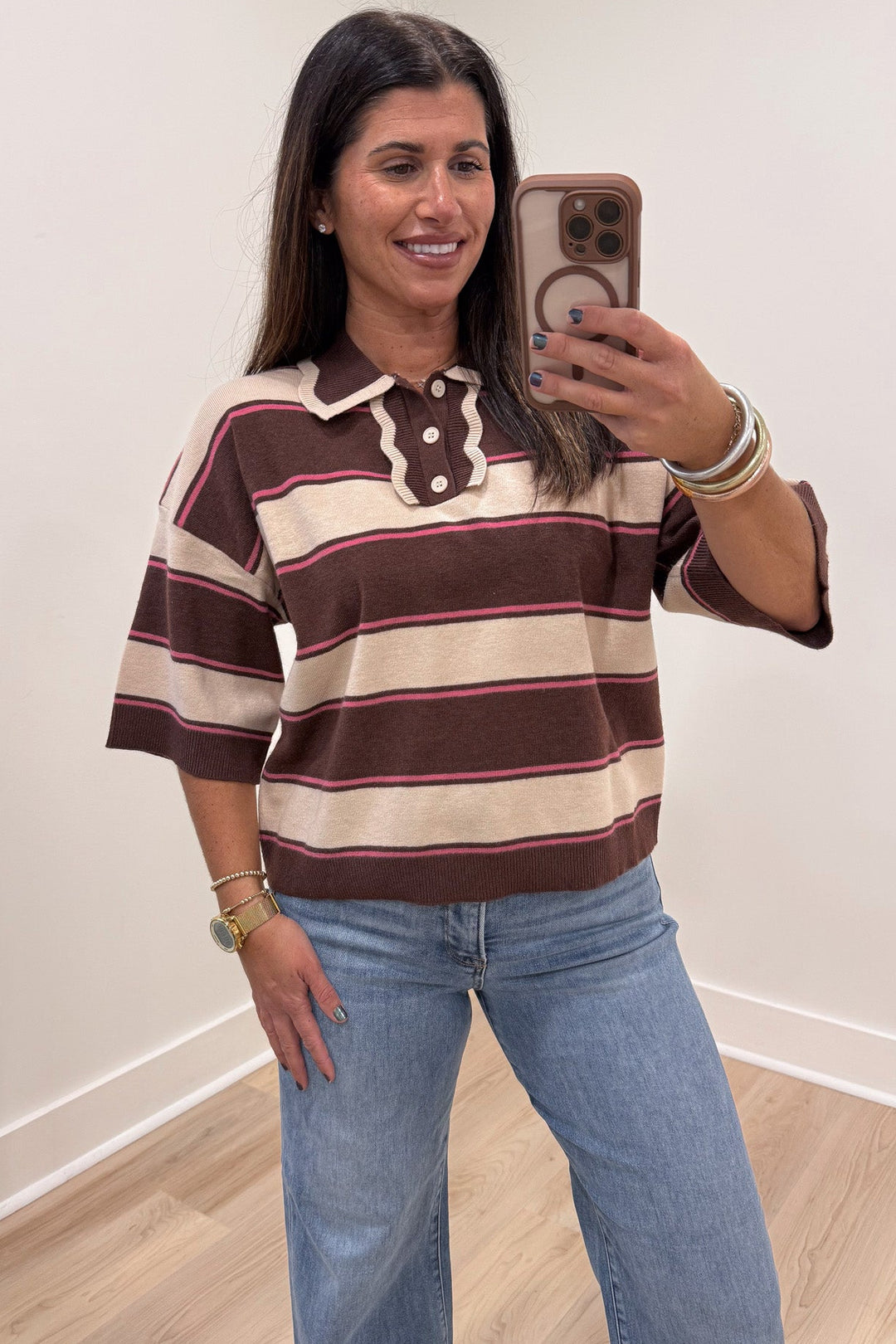 brown beige and pink striped short sleeve button front bodice lightweight knit top