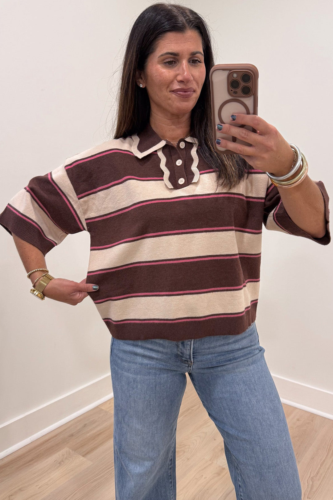 brown beige and pink striped short sleeve button front bodice relaxed silhouette lightweight knit top