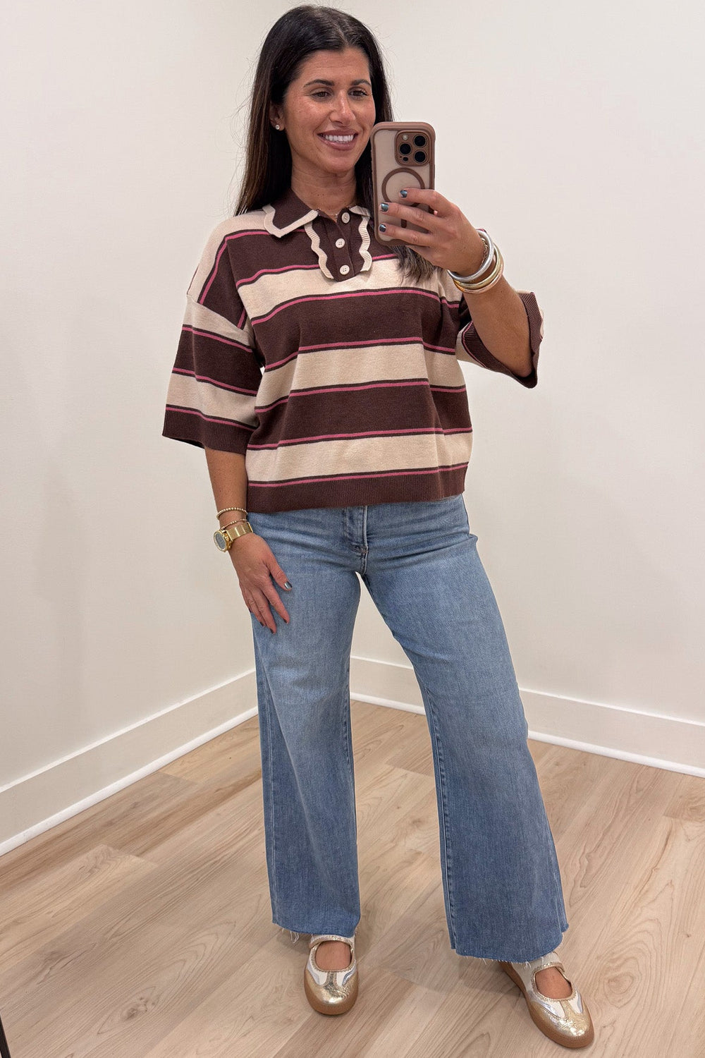 brown beige and pink striped short sleeve collared neckline button front bodice lightweight knit top